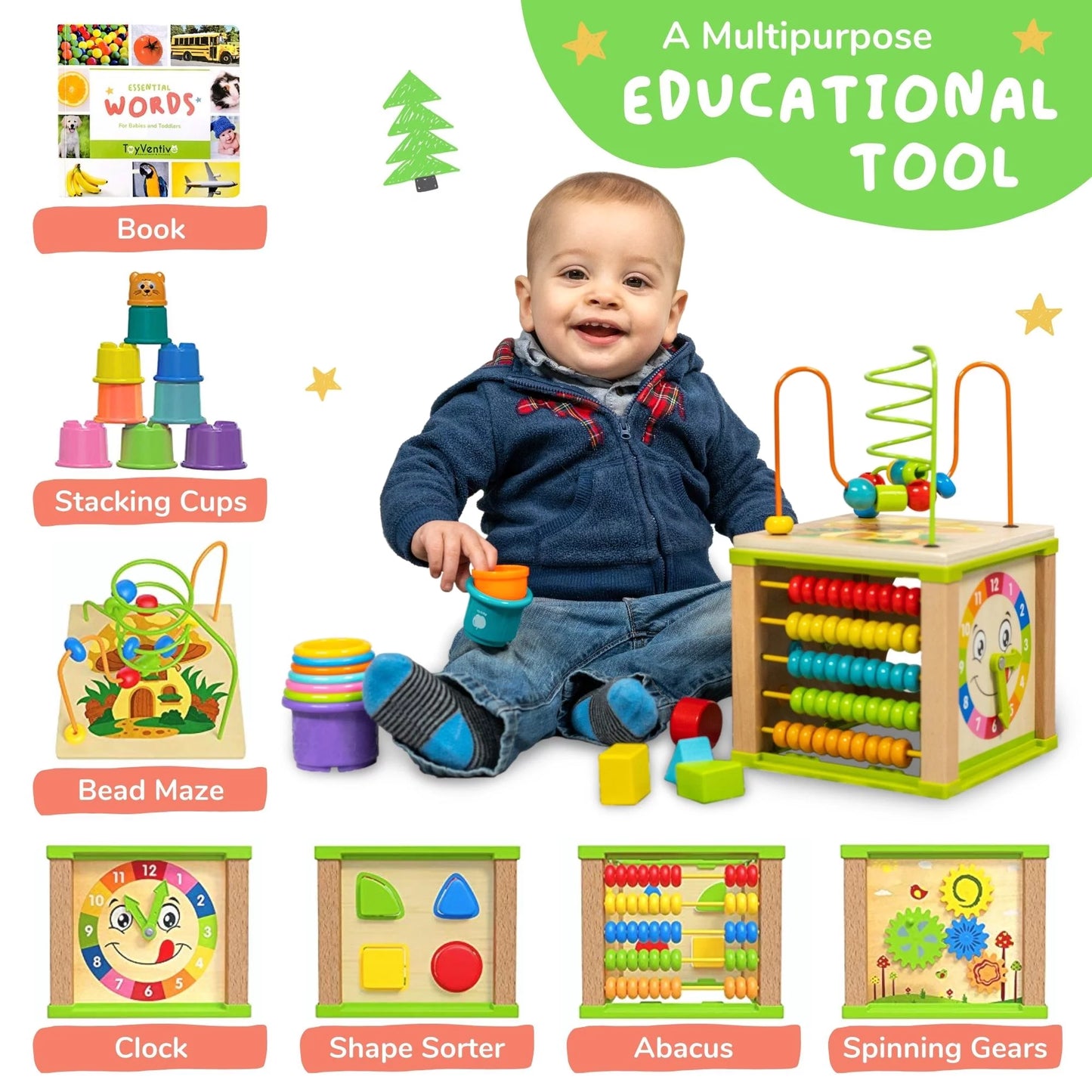 Wooden Kids Baby Activity Cube - Montessori Learning Development Baby Busy Toddler Toys for 12-36 Months, One Year Old Girl Birthday Gifts, Pink Gift Box