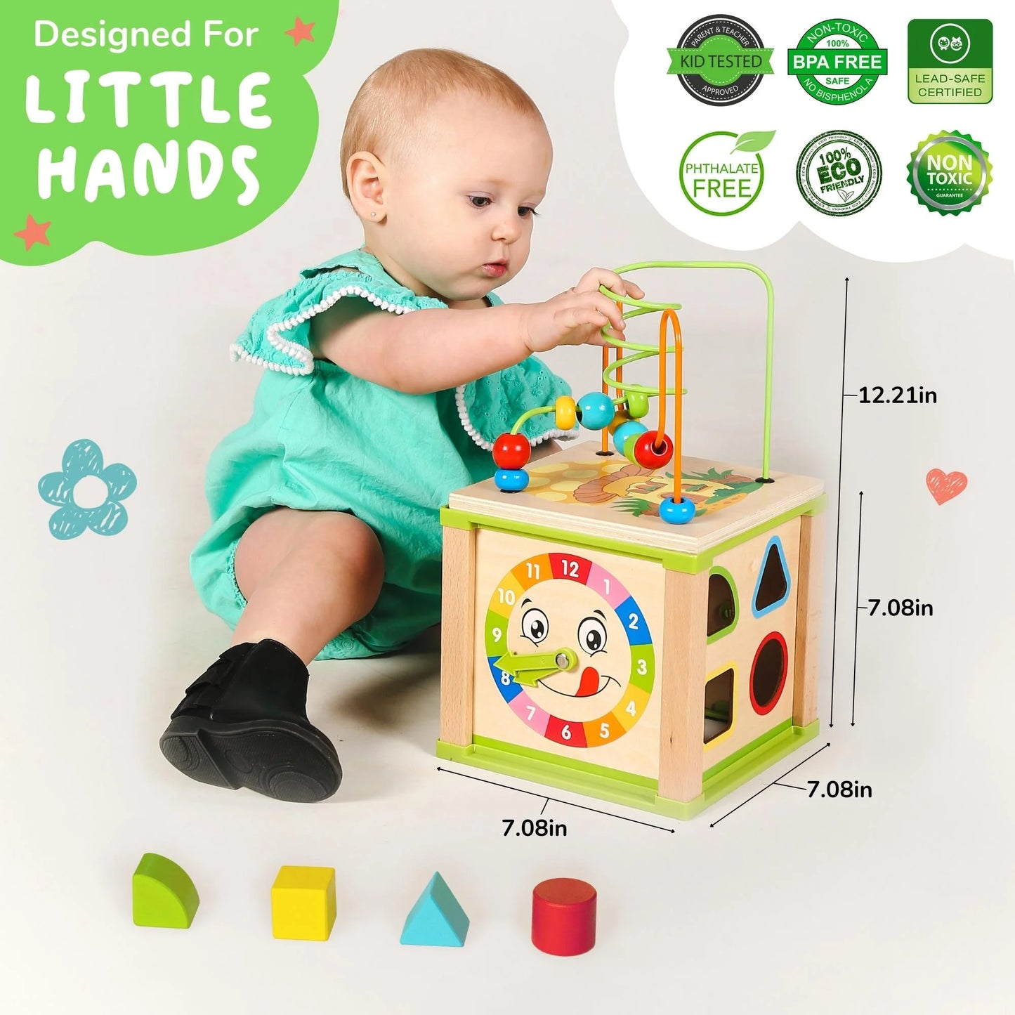 Wooden Kids Baby Activity Cube - Montessori Learning Development Baby Busy Toddler Toys for 12-36 Months, One Year Old Girl Birthday Gifts, Pink Gift Box