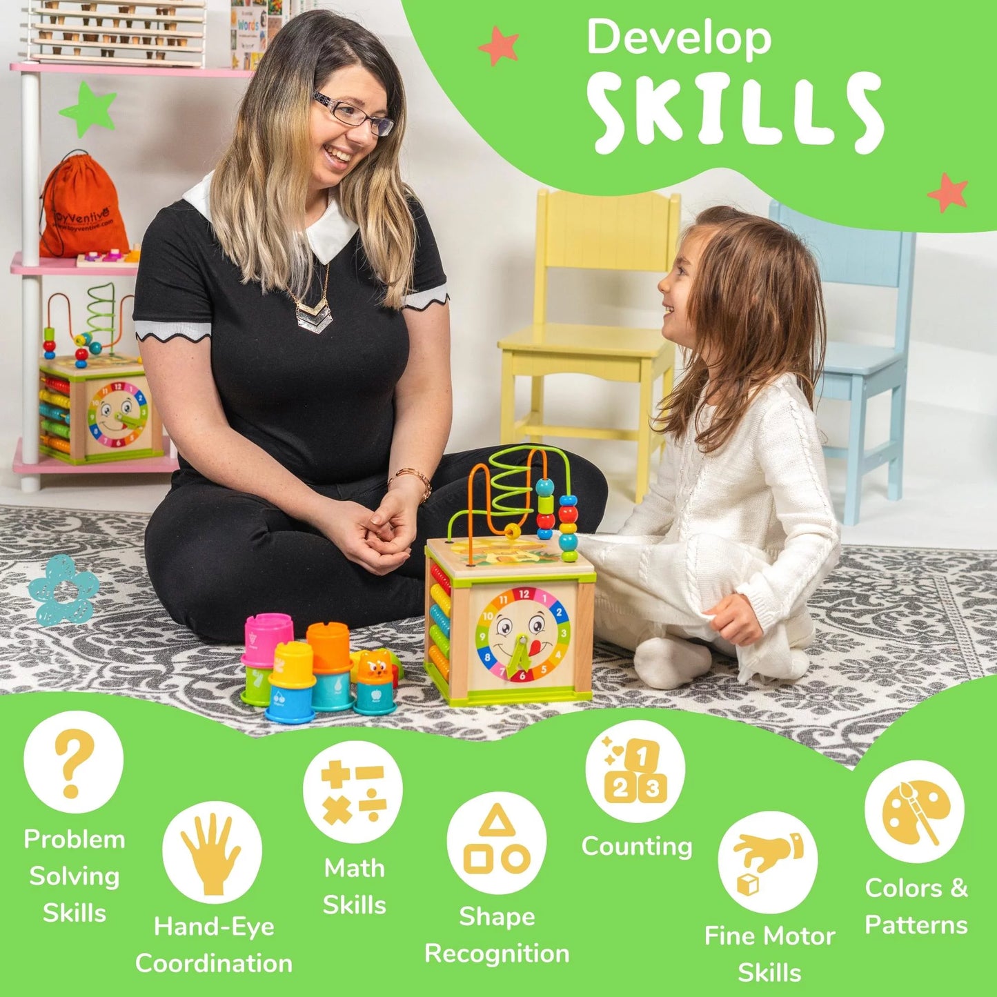 Wooden Kids Baby Activity Cube - Montessori Learning Development Baby Busy Toddler Toys for 12-36 Months, One Year Old Girl Birthday Gifts, Pink Gift Box