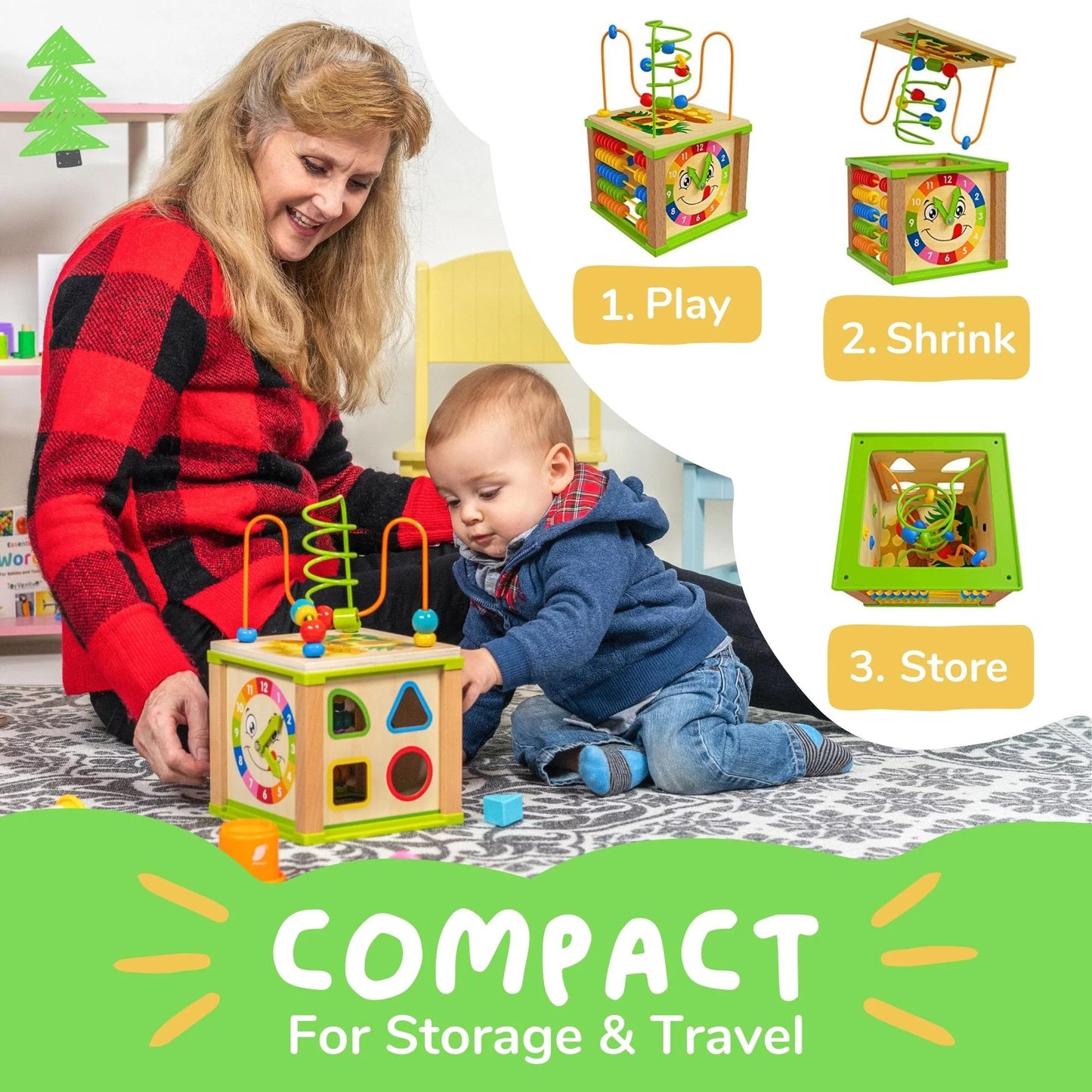Wooden Kids Baby Activity Cube - Montessori Learning Development Baby Busy Toddler Toys for 12-36 Months, One Year Old Girl Birthday Gifts, Pink Gift Box