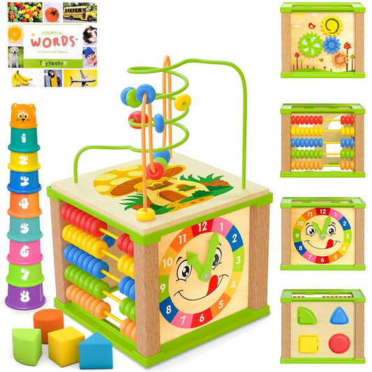 Wooden Kids Baby Activity Cube - Montessori Learning Development Baby Busy Toddler Toys for 12-36 Months, One Year Old Girl Birthday Gifts, Pink Gift Box